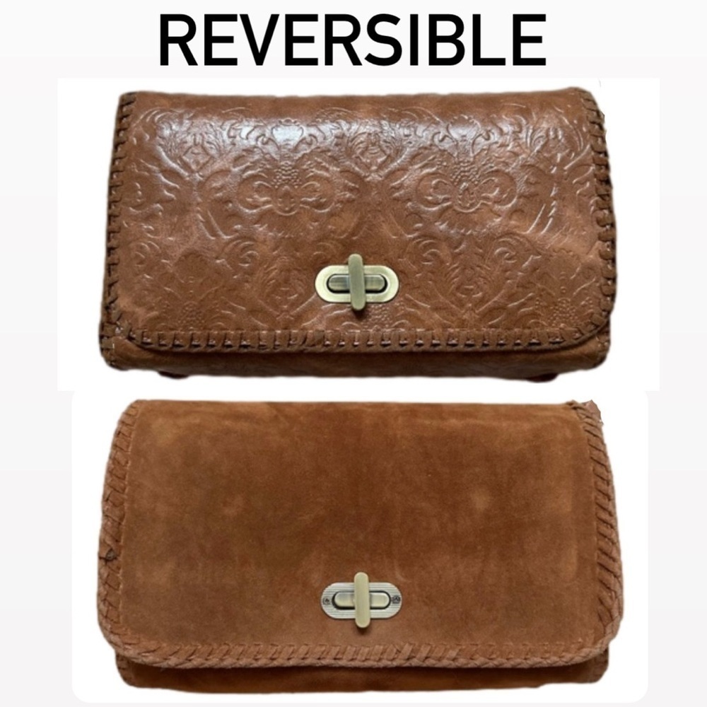 Reversible Vegan Leather Crossbody Purse Faux Leather Boho Embossed Cognac Brown